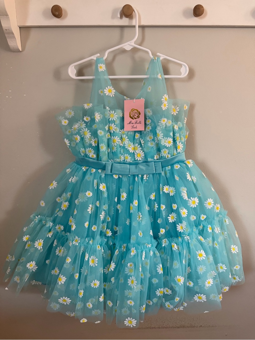 NEW Mia Belle Girls Size 6 Blue Floral Daisy Tulle Fit & Flare Knee Dress Bow